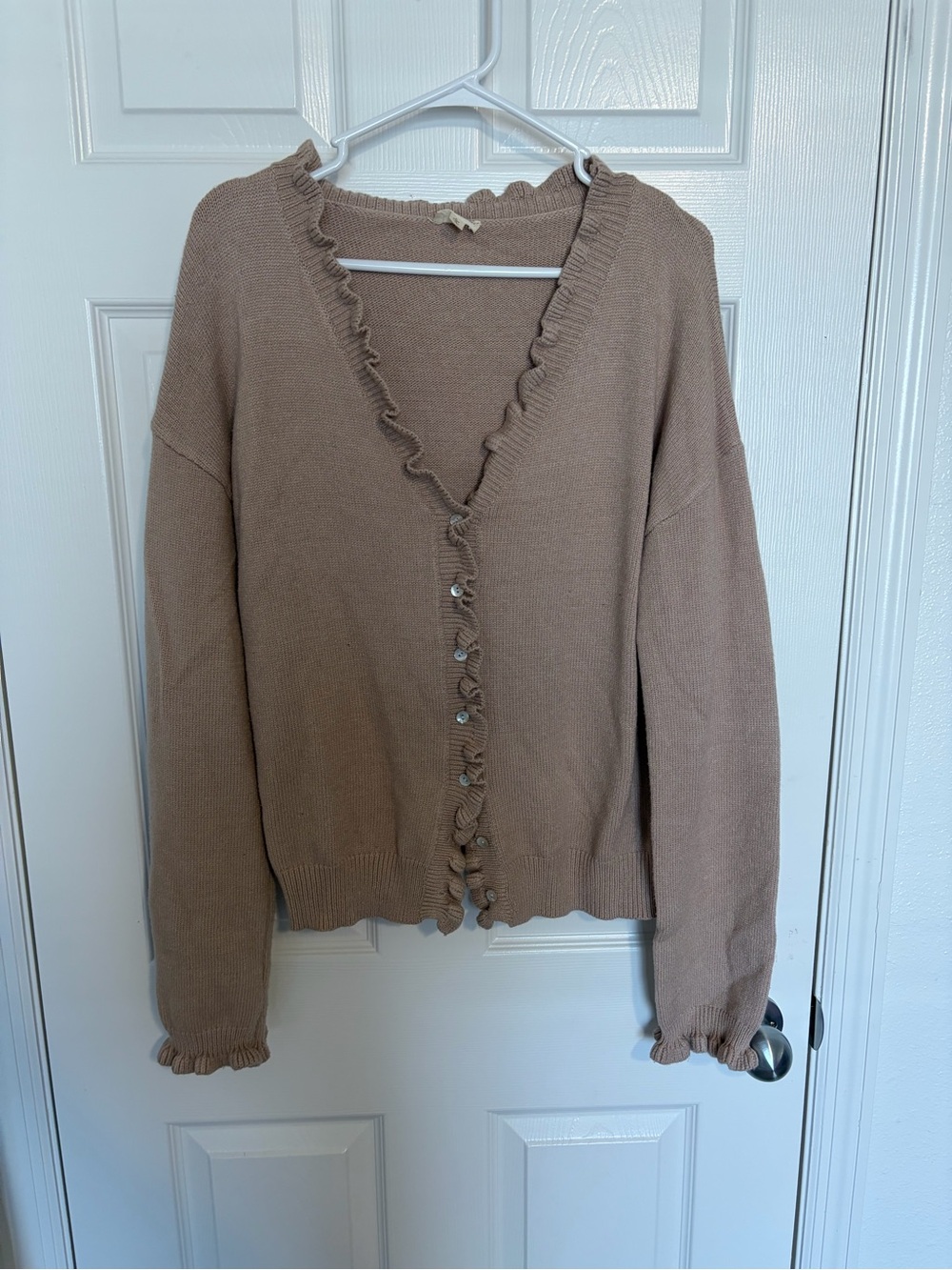 Hem & Thread Ruffle-Trim Button Cardigan in Taupe